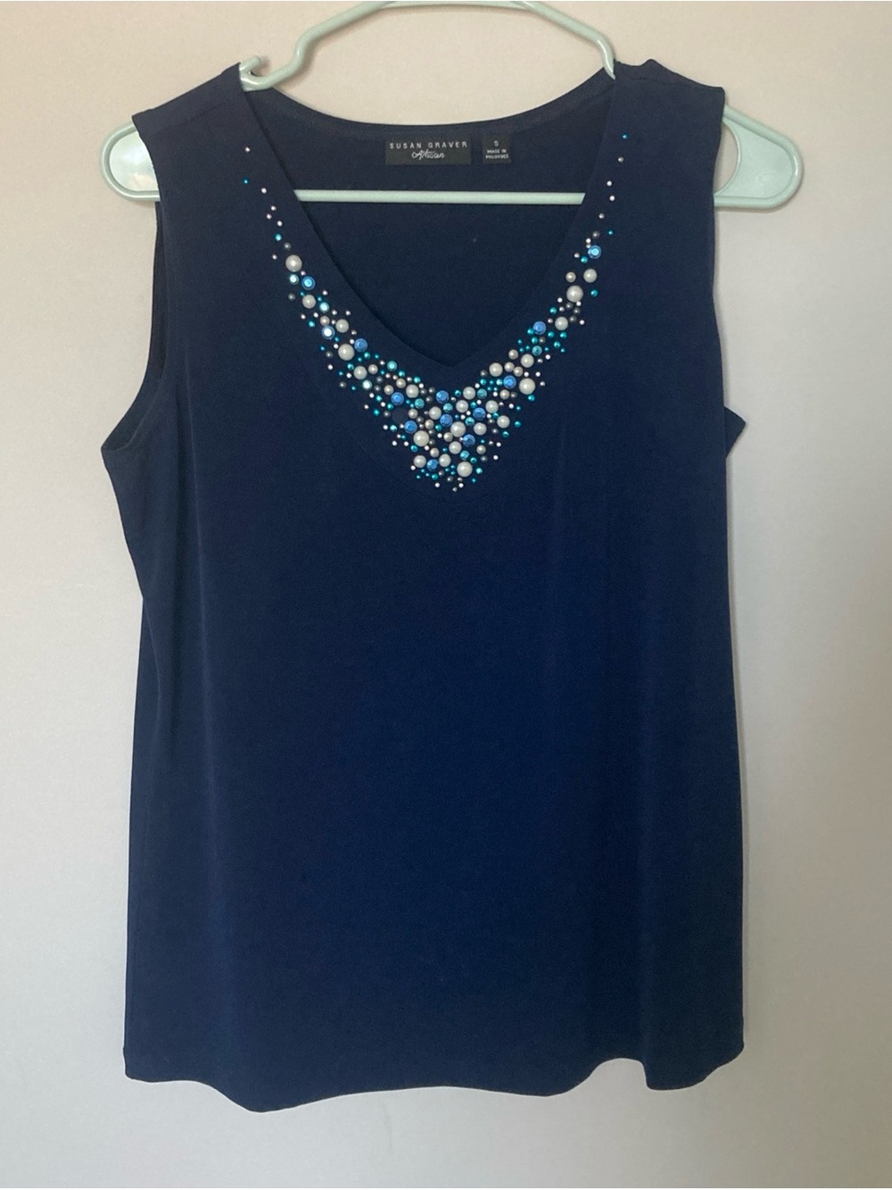 Susan Graver Artisan Stretch Blue Beaded Rhinestone Sleeveless Top Size S FLAW